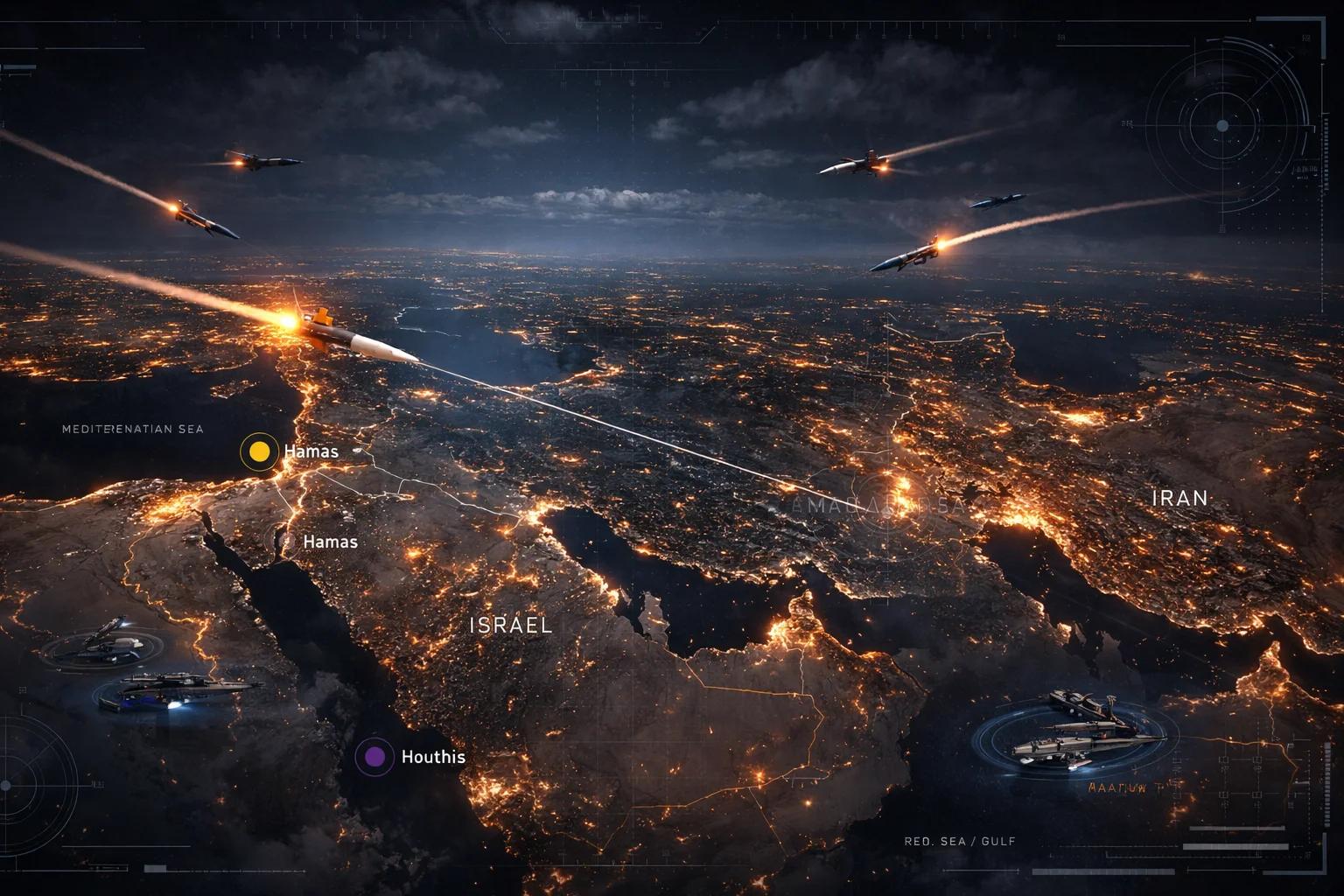 Mapa satelital nocturno del conflicto en Medio Oriente: frentes de guerra entre Israel, Iran, Hamas y Huties con trayectorias de misiles y aviones de combate